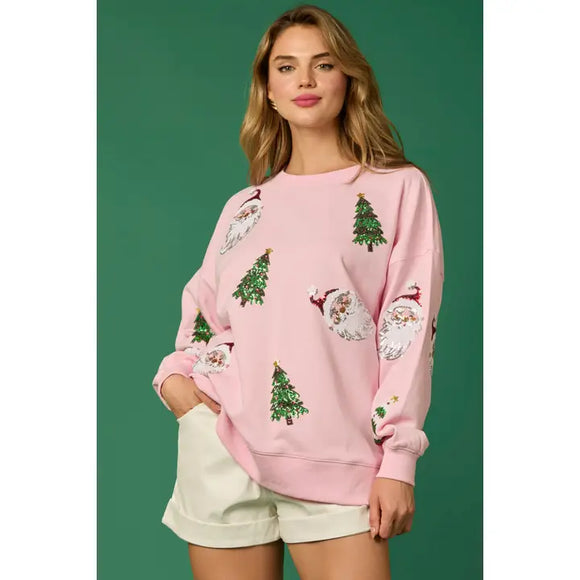 PINK SEQUINED SANTA & TREE SWEATSHIRT