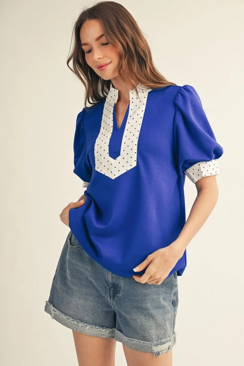 BLUE TOP WITH POLKA DOT TRIM