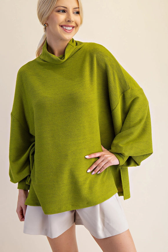 CHARTREUSE TEXTURED MOCK NECK TOP