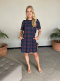 NAVY TARTAN BOW BACK DRESS