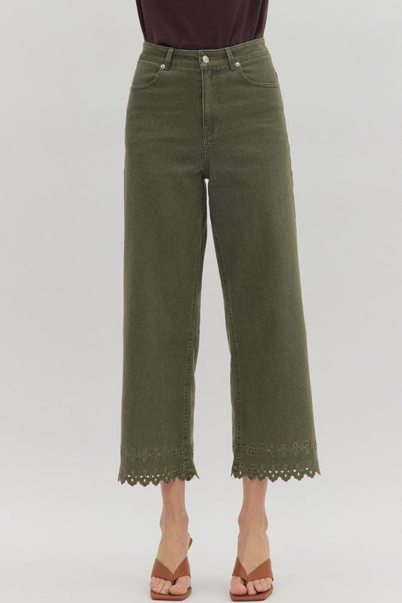 OLIVE EYELET ANKLE PANTS