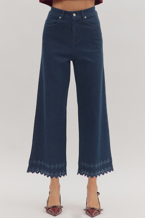 DARK DENIM EYELET ANKLE PANTS