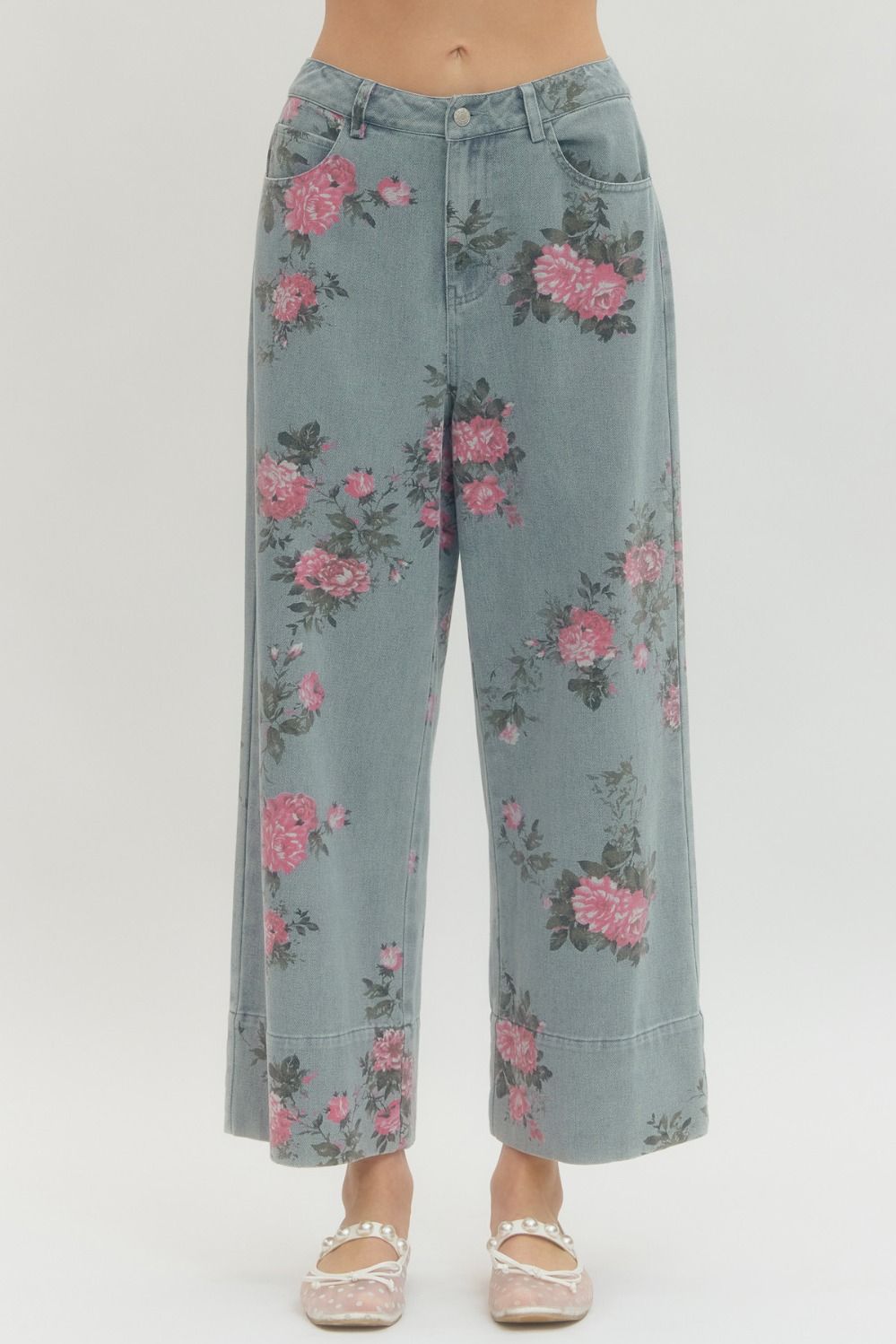 PINK FLORAL DENIM PANTS