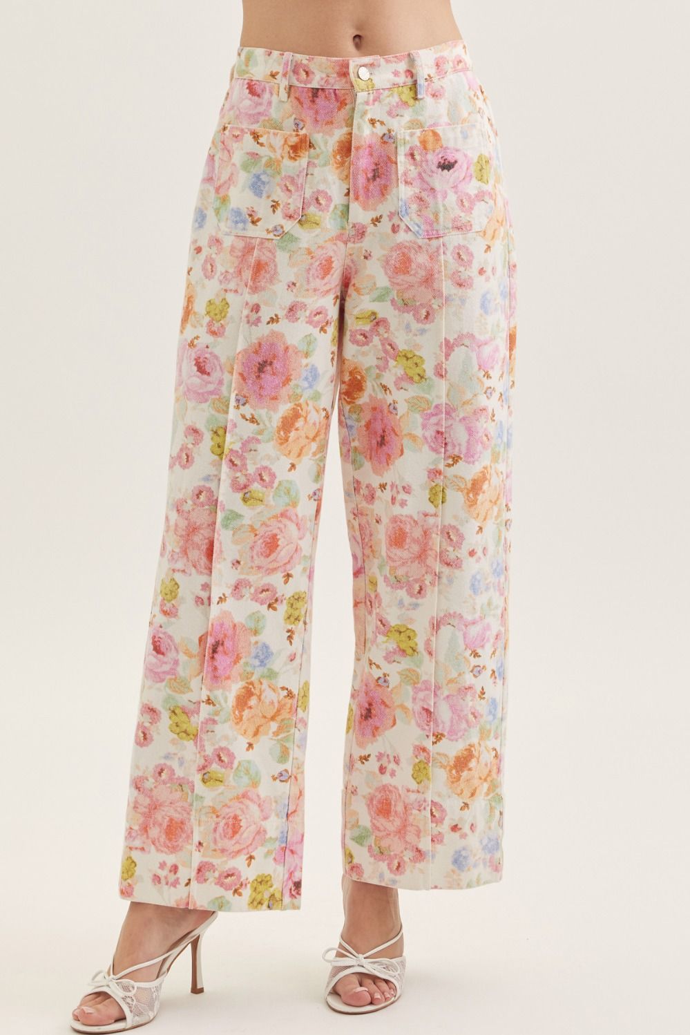 PINK FLORAL WHITE DENIM PANTS