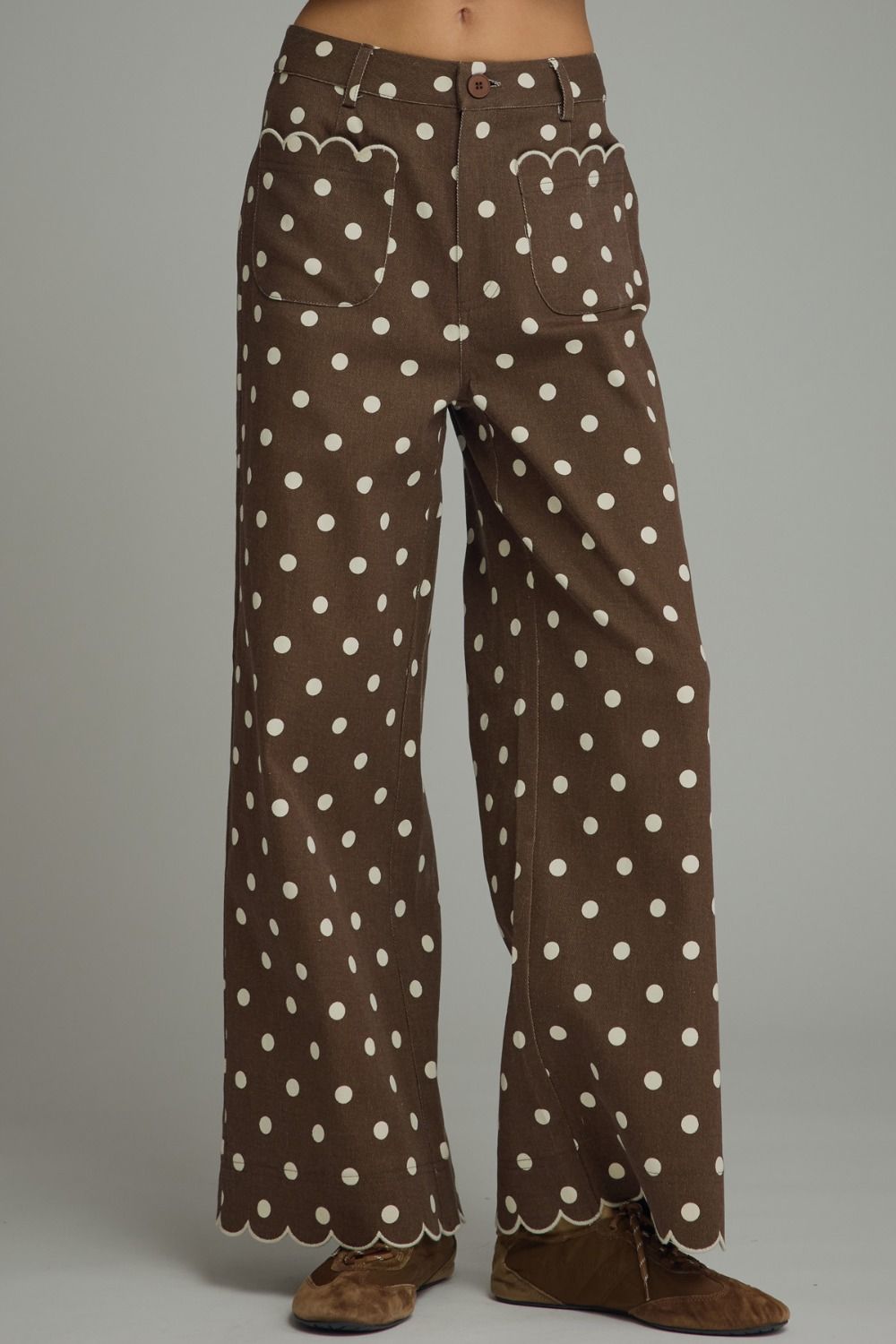 BROWN POLKA DOT SCALLOPED PANTS