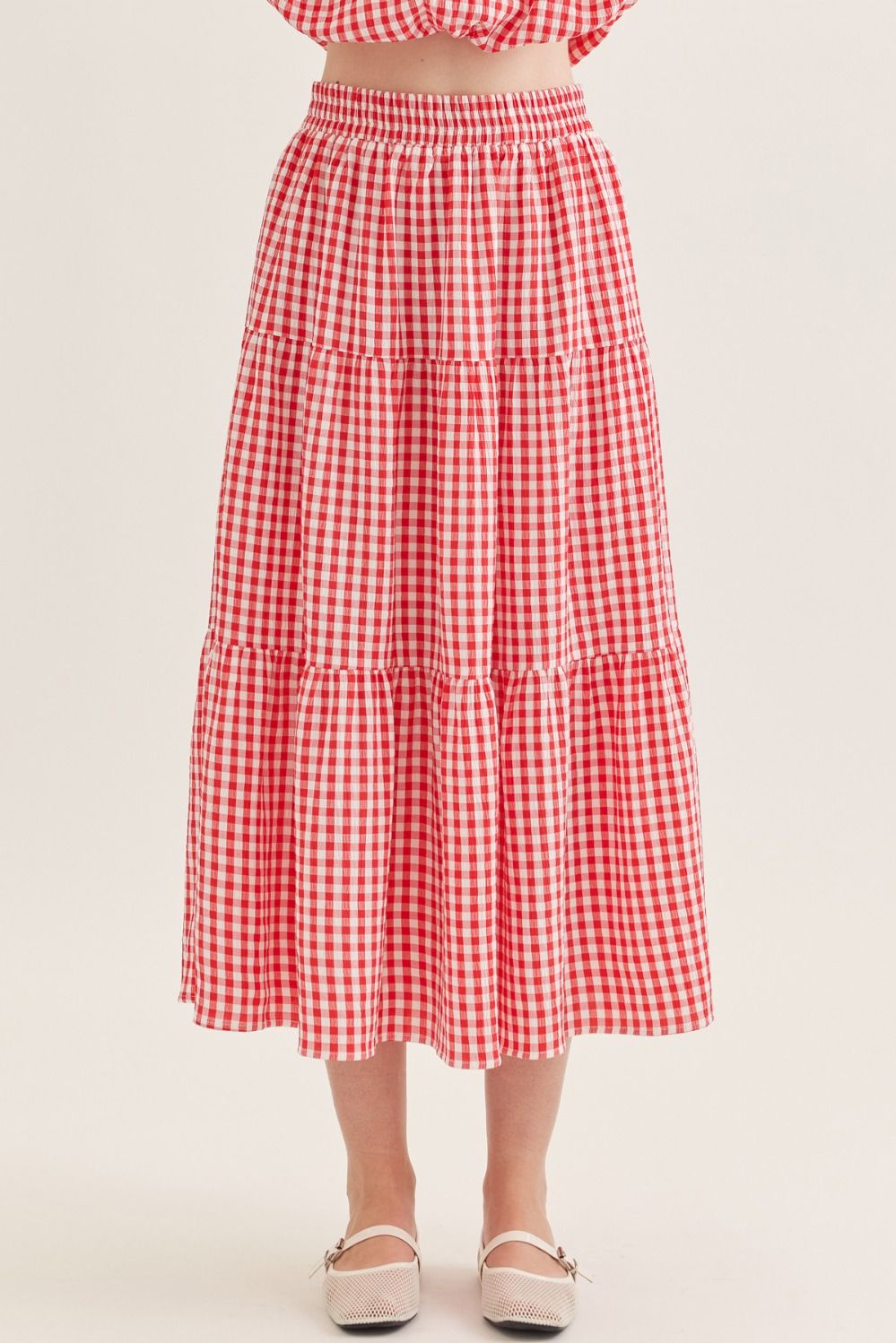 RED PLAID MIDI SKIRT