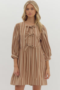 KHAKI STRIPE DRESS WITH BOWS