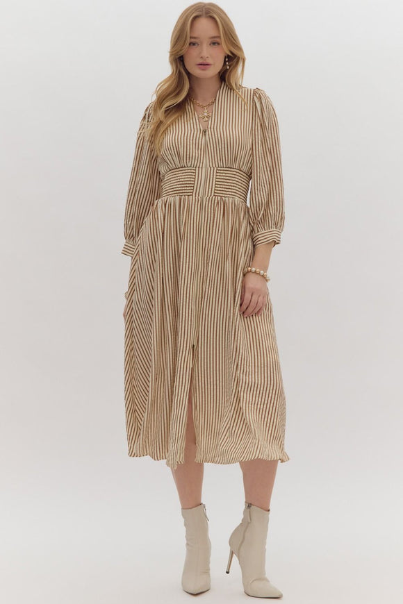 BROWN AND CREAM STRIPED ZIPPER DRESS