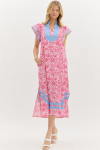 PINK AND WHITE MIDI DRESS WITH BLUE TRIM