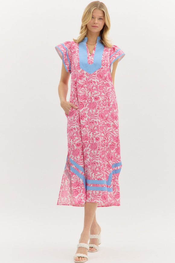 PINK AND WHITE MIDI DRESS WITH BLUE TRIM