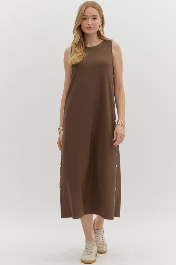 BROWN MIDI DRESS WITH GOLD BUTTONS
