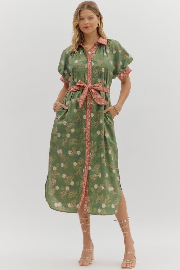 GREEN DRESS WITH RUST TRIM