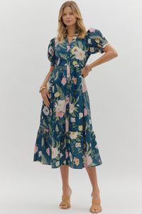 TEAL FLORAL MIDI DRESS