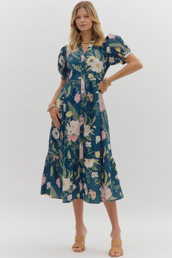 TEAL FLORAL MIDI DRESS