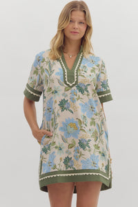 CREAM AND GREEN FLORAL DRESS