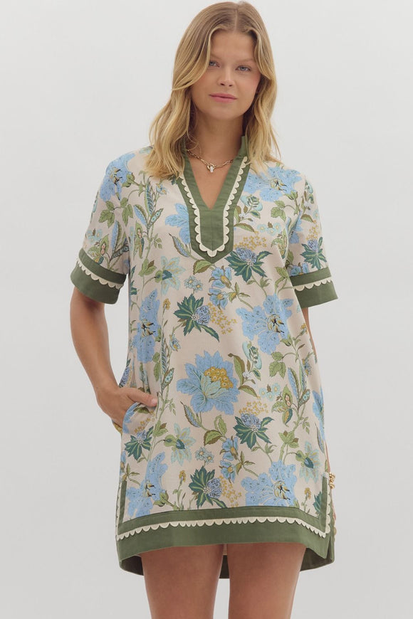 CREAM AND GREEN FLORAL DRESS