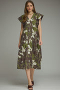 BROWN AND OLIVE FLORAL MIDI
