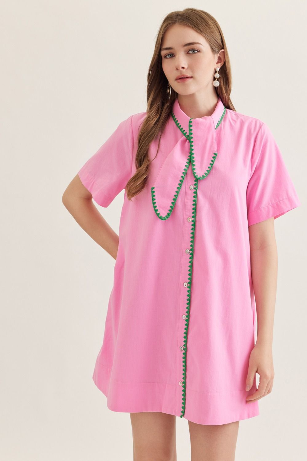 PINK DRESS WITH NECK TIE AND GREEN TRIM