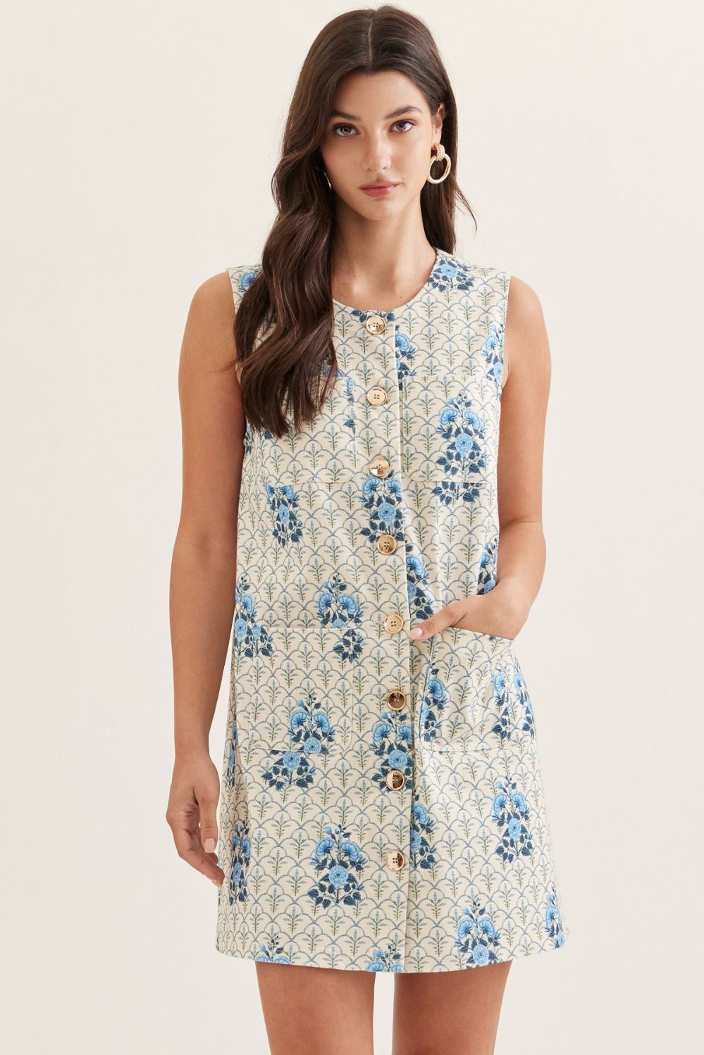 BLUE AND GREEN FLORAL BUTTON DRESS