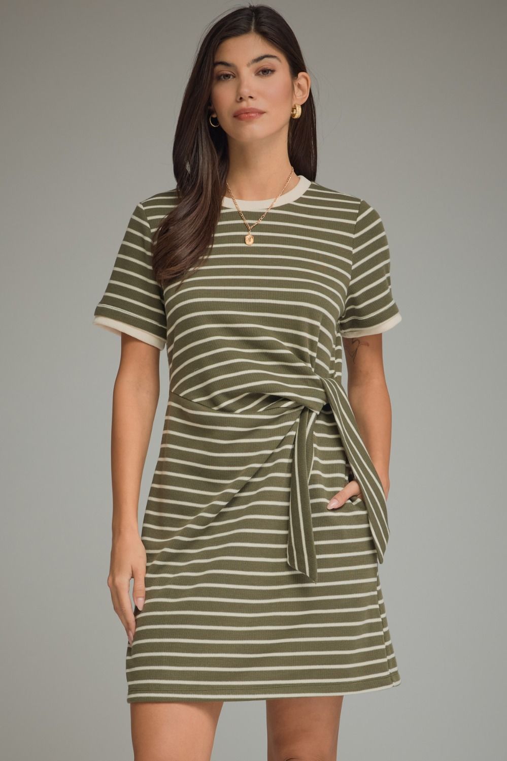 OLIVE STRIPE TIE DRESS