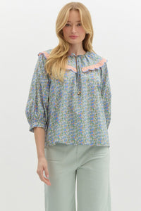 BLUE AND SAGE FLORAL TOP WITH SCALLOPED DETAIL