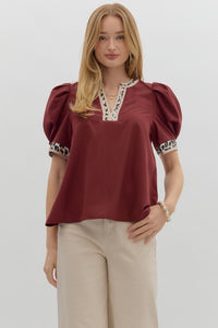 BURGUNDY PUFF SLEEP TOP WITH LEOPARD TRIM
