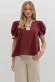 BURGUNDY PUFF SLEEP TOP WITH LEOPARD TRIM