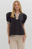BLACK PUFF SLEEP TOP WITH LEOPARD TRIM