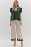 GREEN PUFF SLEEP TOP WITH LEOPARD TRIM