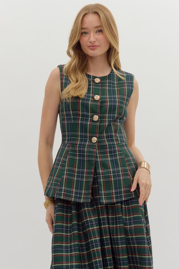 GREEN PLAID VEST TOP