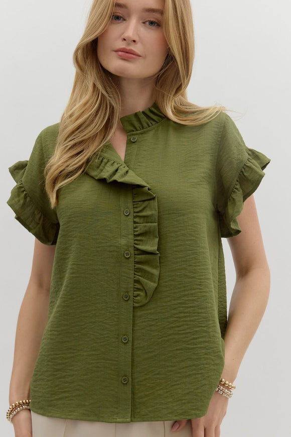 OLIVE RUFFLE BUTTON UP