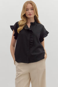 BLACK RUFFLE BUTTON UP