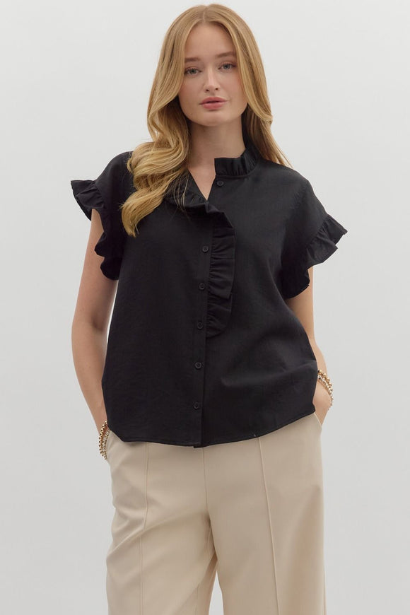 BLACK RUFFLE BUTTON UP