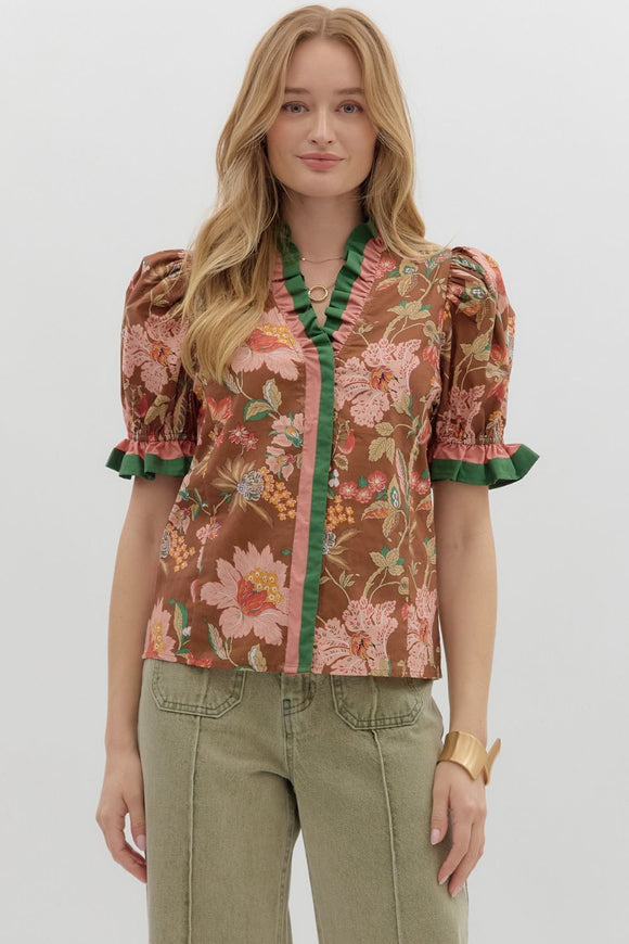 BROWN AND GREEN TRIM FLORAL TOP