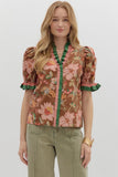 BROWN AND GREEN TRIM FLORAL TOP
