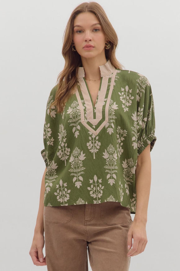 OLIVE FLORAL OVERSIZE TOP