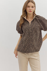 LEOPARD ZIP TOP WITH BROWN TRIM