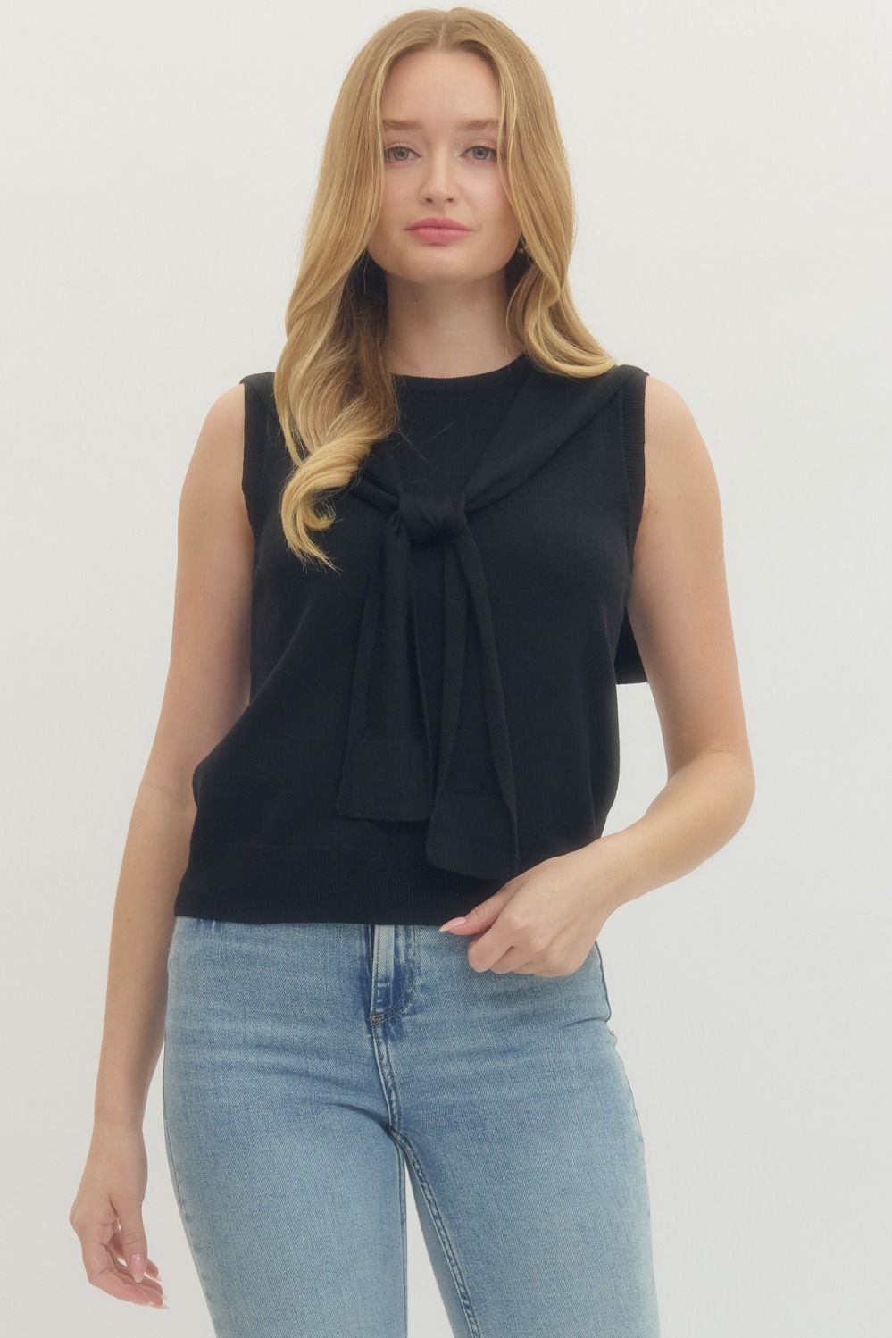 BLACK KNIT TOP WITH SELF TIE DETAIL