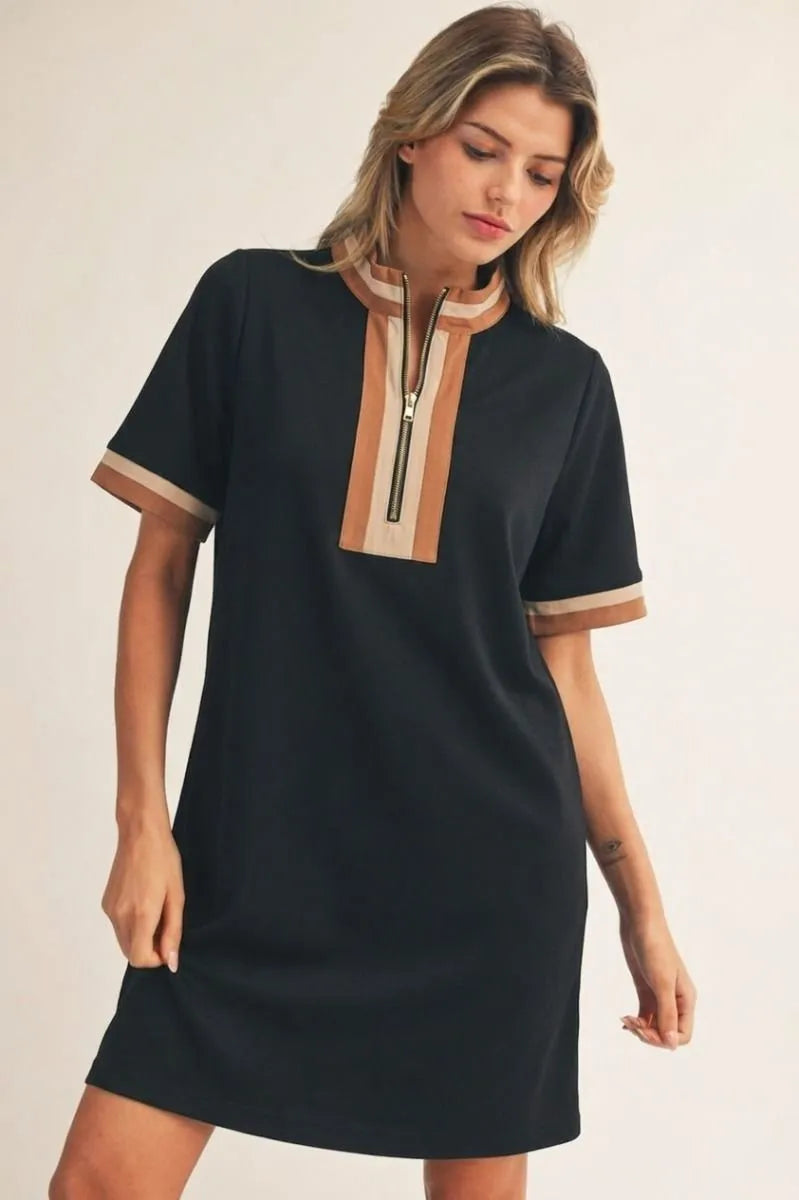 BLACK DRESS WITH BROWN TRIM