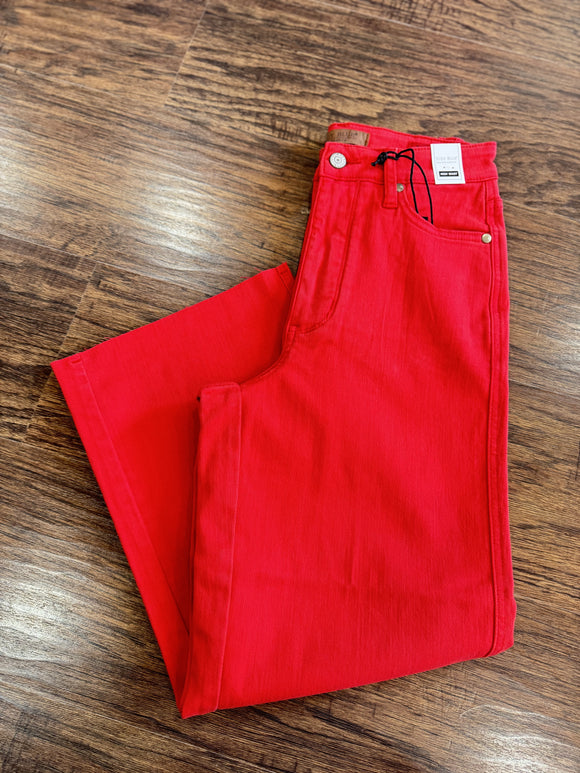 RED JUDY BLUE TUMMY CONTROL CROP RAW HEM