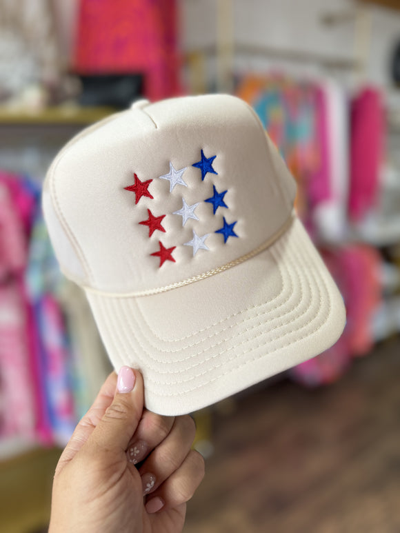 TAN TRUCKER HAT WITH RED WHITE & BLUE STARS